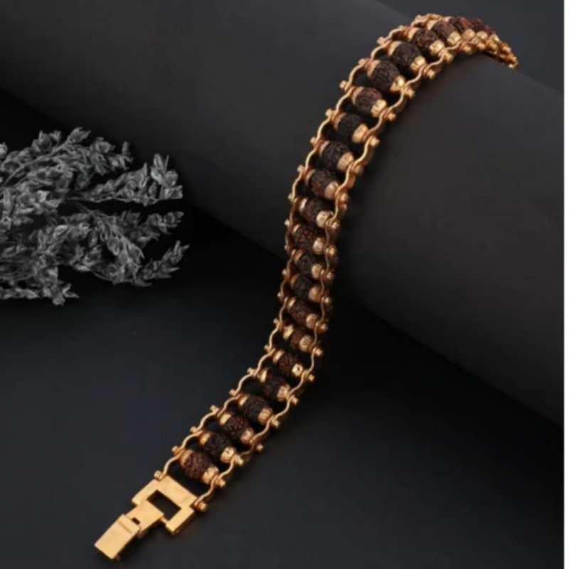 Brass Rudraksha Bracelet For Men 5 Mukhi Rudraksha Beads Embedded In Gold Plated