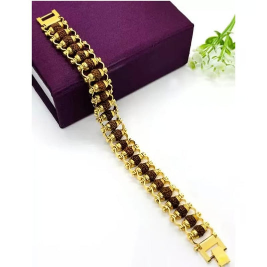 Brass Rudraksha Bracelet For Men 5 Mukhi Rudraksha Beads Embedded In Gold Plated
