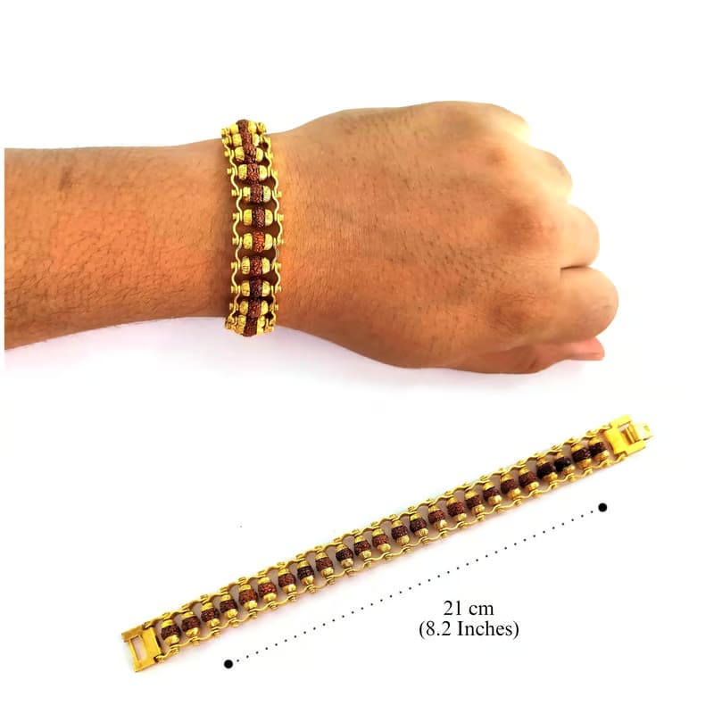Brass Rudraksha Bracelet For Men 5 Mukhi Rudraksha Beads Embedded In Gold Plated