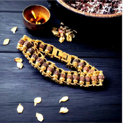 Brass Rudraksha Bracelet For Men 5 Mukhi Rudraksha Beads Embedded In Gold Plated