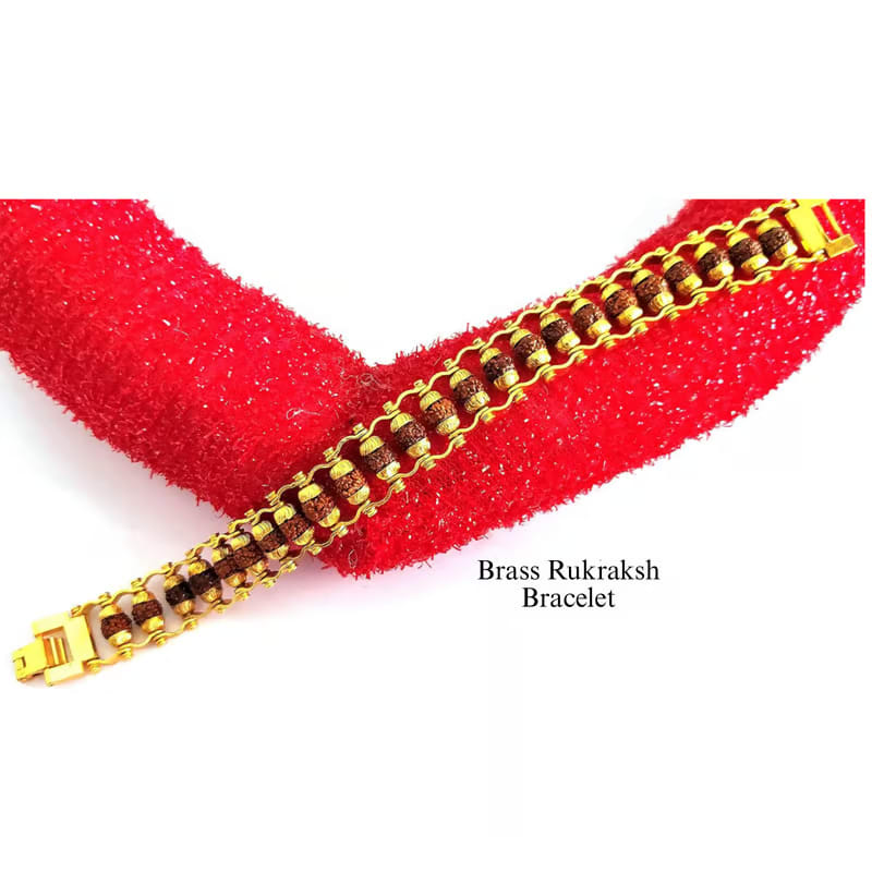 Brass Rudraksha Bracelet For Men 5 Mukhi Rudraksha Beads Embedded In Gold Plated