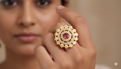 Micro Gold Plated Ad Diamond Studed Fancy Flower Design Pendent With Chain And Ring