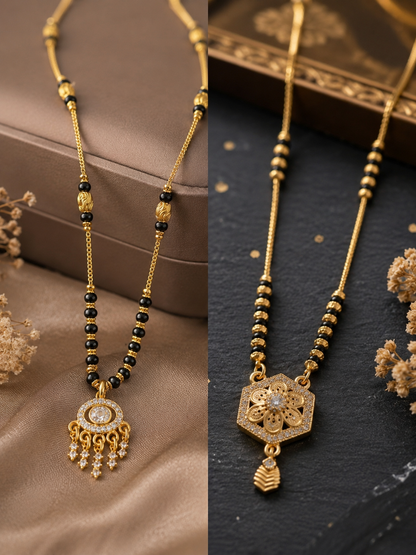 Gold Plated Diamond-Studded Floral & Chandbali Mangalsutra Combo for Women