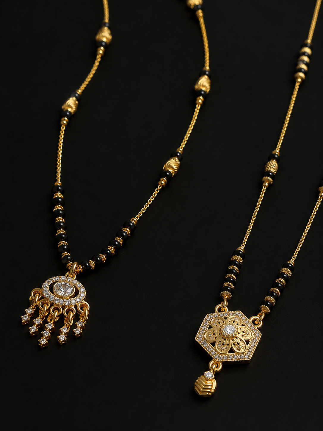 Gold Plated Diamond-Studded Floral & Chandbali Mangalsutra Combo for Women