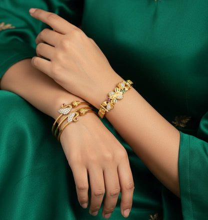 Micro Gold Plated Ad Diamond Studded Fancy Flower Bracelet With Swan Kadli Combo