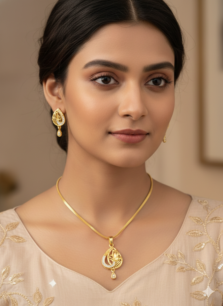 Charming Gold Plated AD Diamond Pendant Set for Everyday Elegance