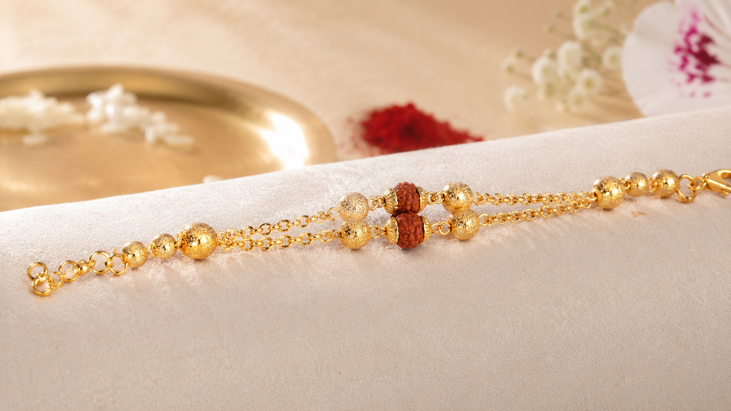 Premium Gold-Plated Rudraksha Double-Layer Chain Bracelet for Men