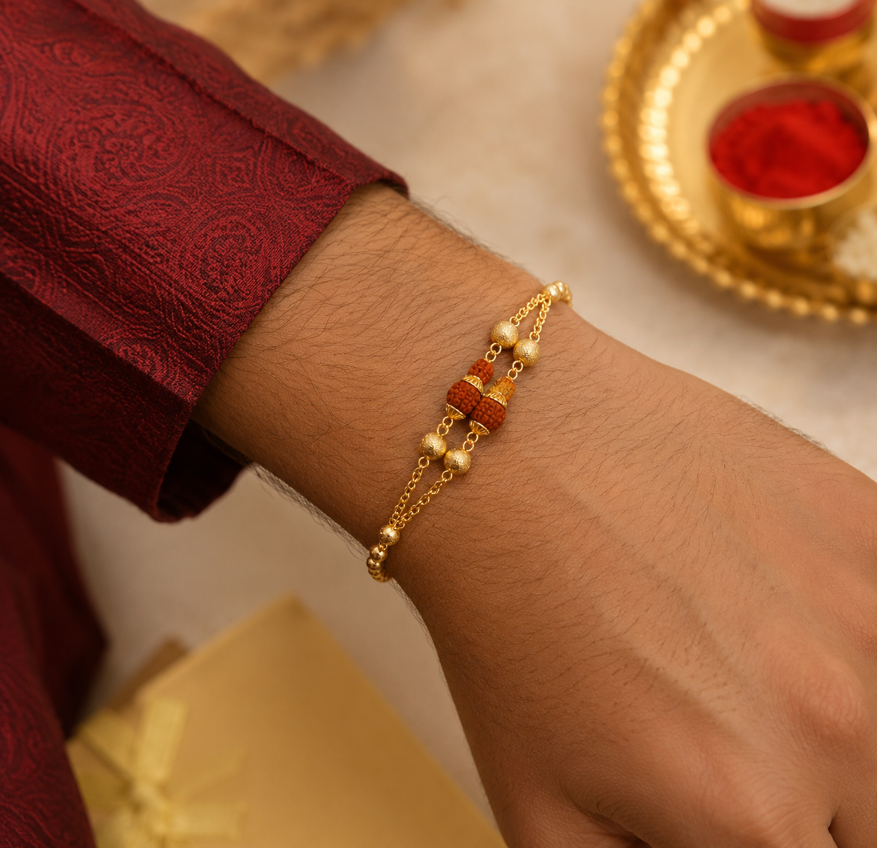Premium Gold-Plated Rudraksha Double-Layer Chain Bracelet for Men