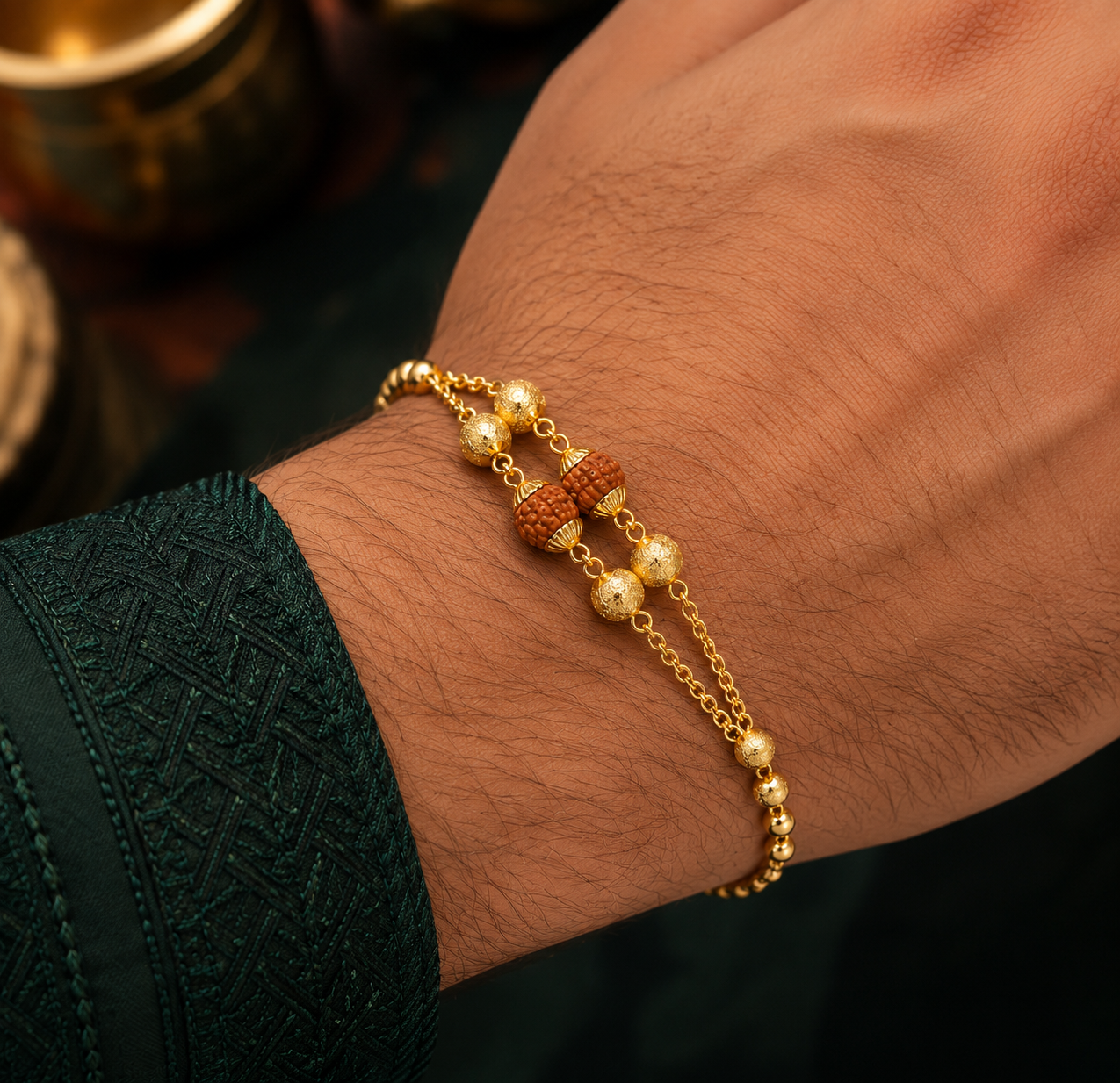 Premium Gold-Plated Rudraksha Double-Layer Chain Bracelet for Men