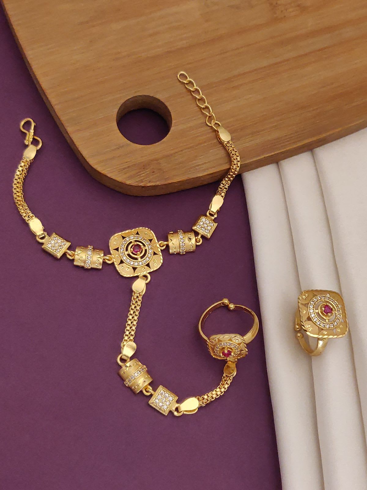 Combo Of American Diamond Studded Beautiful High Gold Plated Handcuff With Adjustable Ring Combo