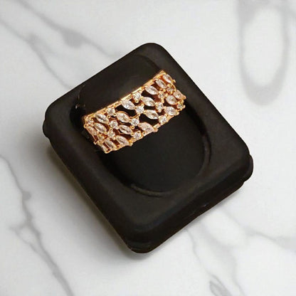 Rose Gold Plated Ad Diamond Studded Fancy Adjustable Broad Ring For Women