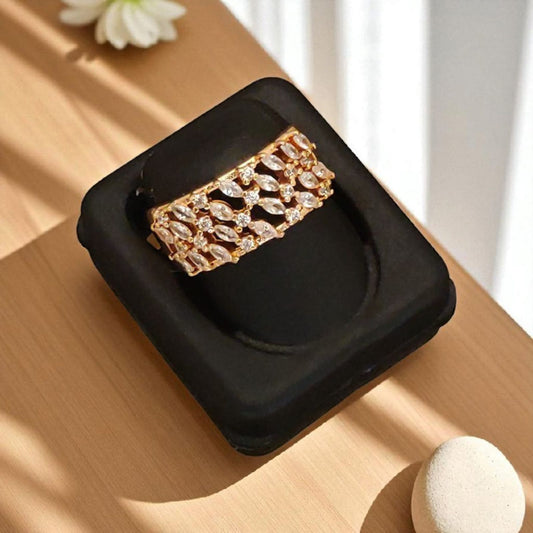 Rose Gold Plated Ad Diamond Studded Fancy Adjustable Broad Ring For Women