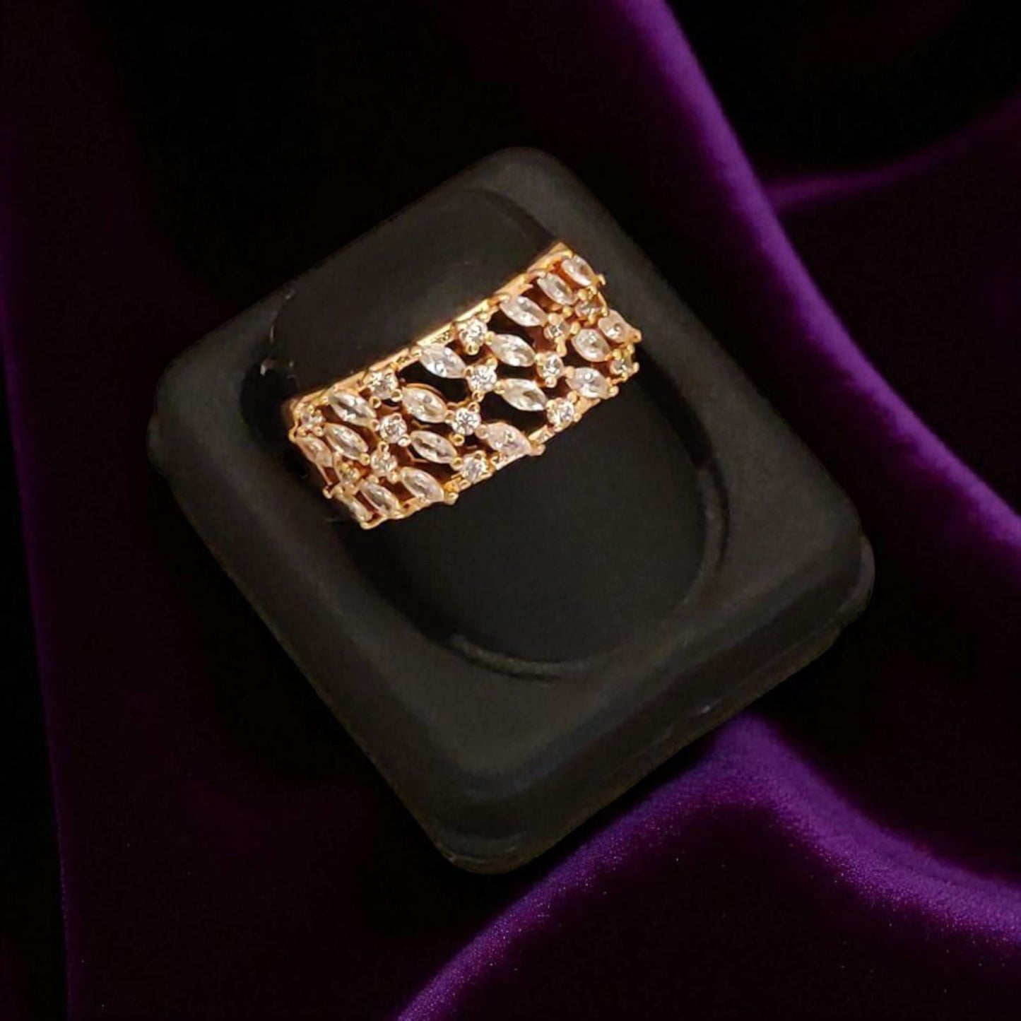 Rose Gold Plated Ad Diamond Studded Fancy Adjustable Broad Ring For Women