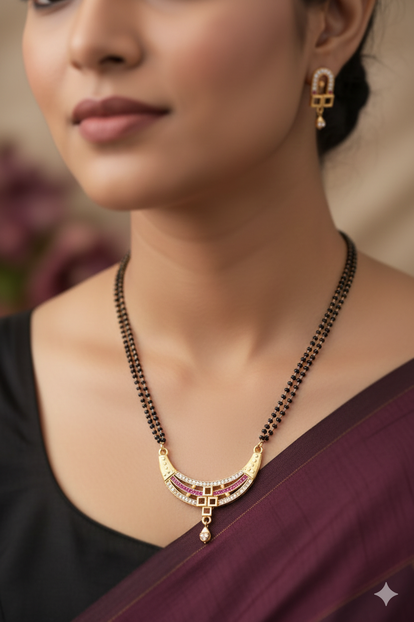 Designer Curved AD Diamond & Ruby Stone Gold-Plated 24 inches Mangalsutra Set with Earrings