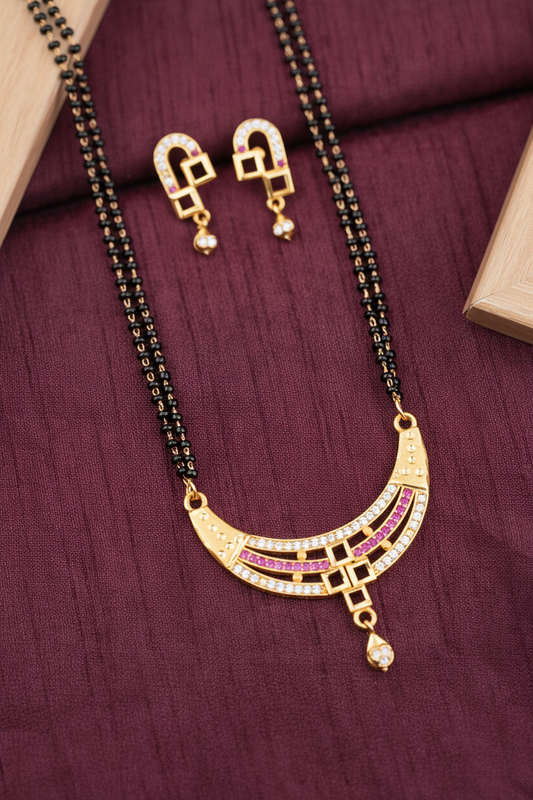 Designer Curved AD Diamond & Ruby Stone Gold-Plated 24 inches Mangalsutra Set with Earrings