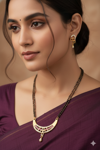 Designer Curved AD Diamond & Ruby Stone Gold-Plated 24 inches Mangalsutra Set with Earrings