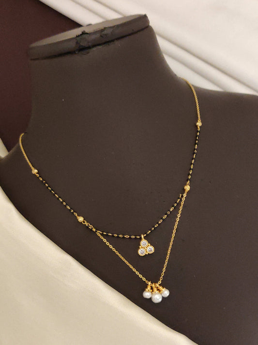 Designer Double Layer Gold Plated Pearl & AD Diamond Mangalsutra