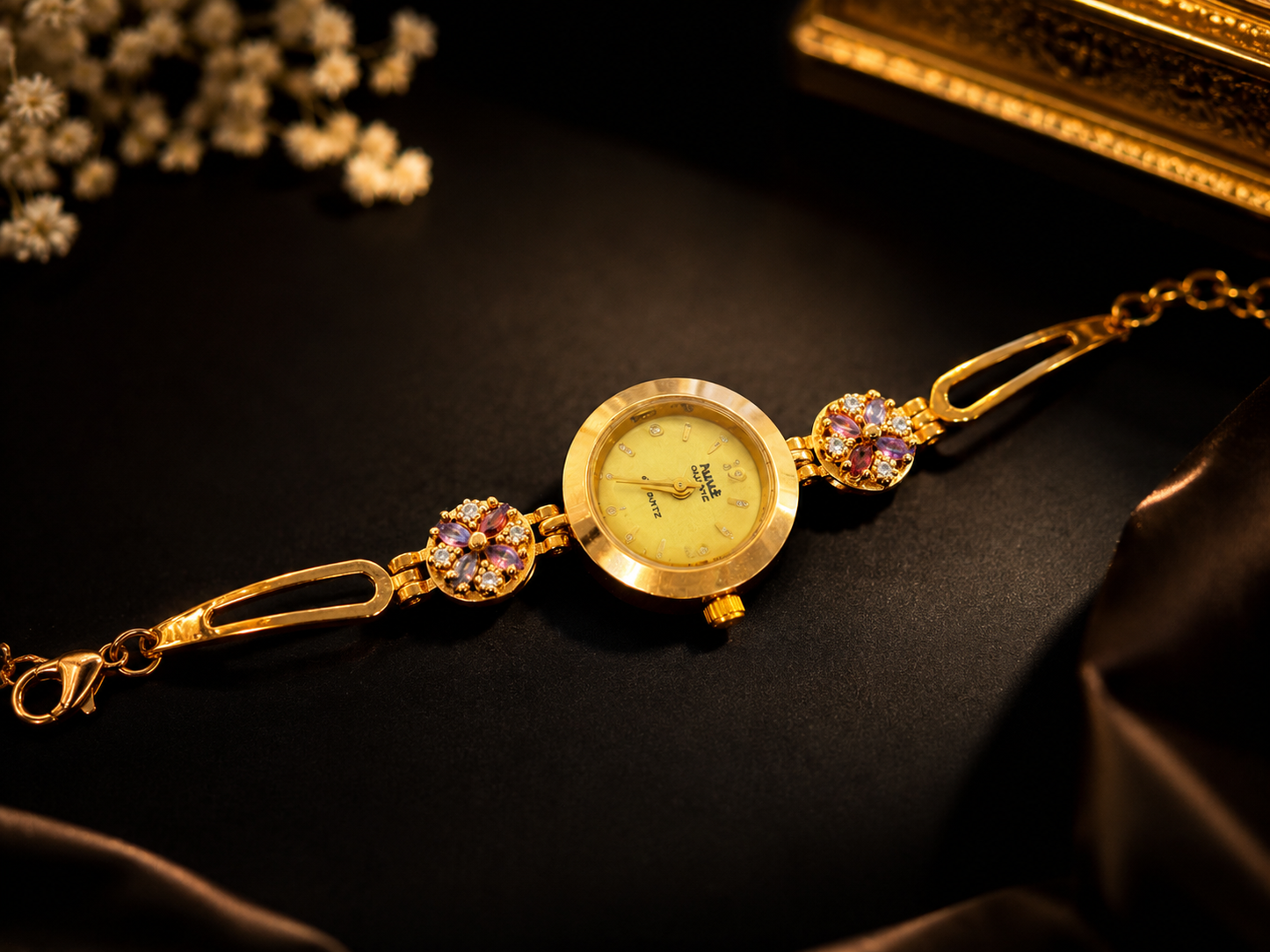 Designer Floral Stone Gold Plated Fancy Watch for Girls & Women