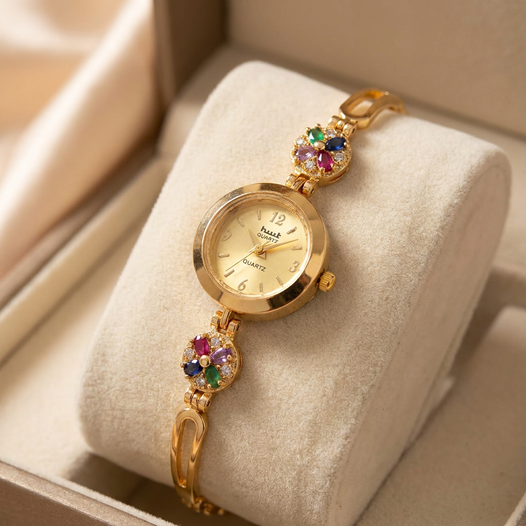 Designer Floral Stone Gold Plated Fancy Watch for Girls & Women