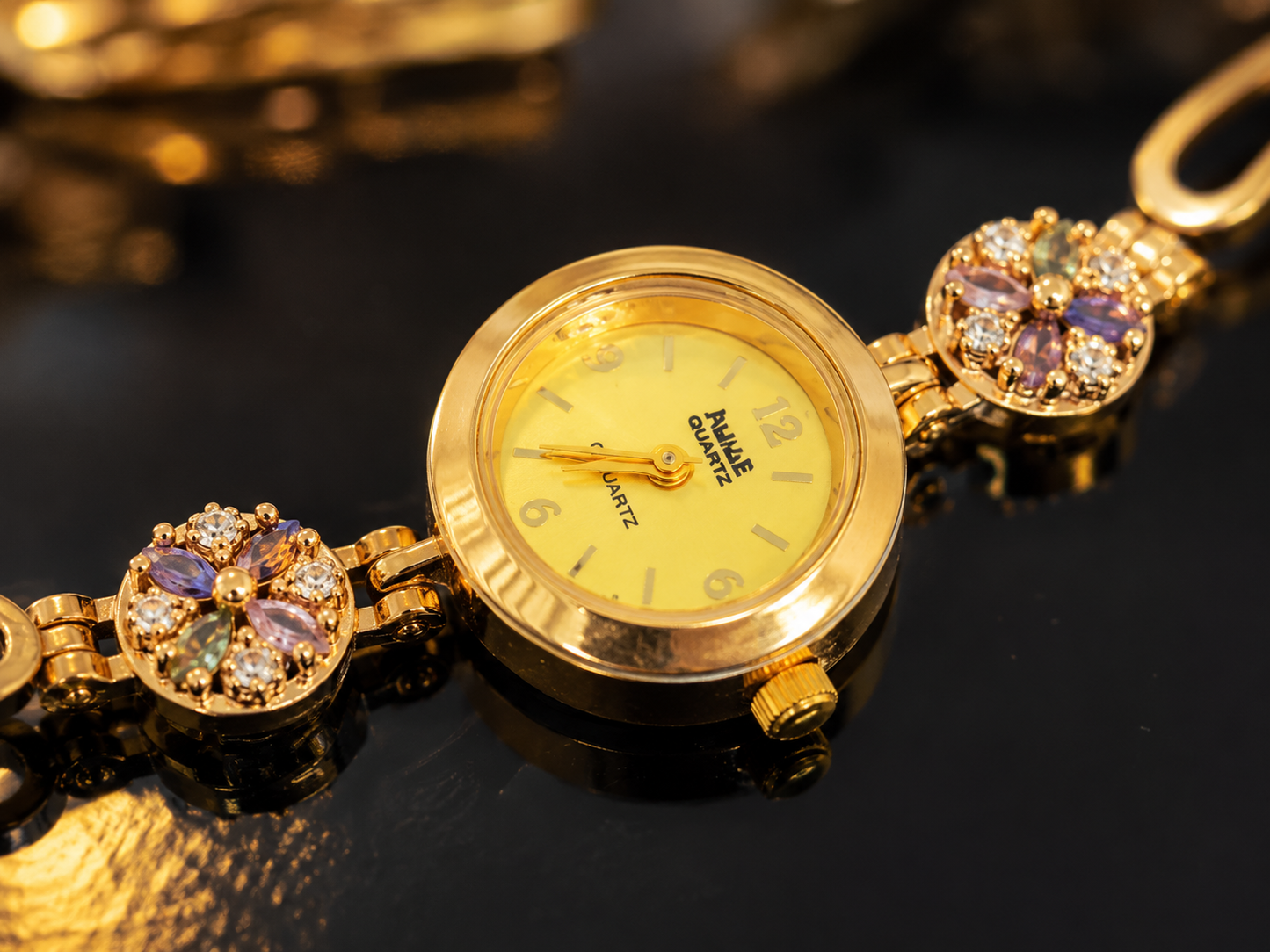 Designer Floral Stone Gold Plated Fancy Watch for Girls & Women