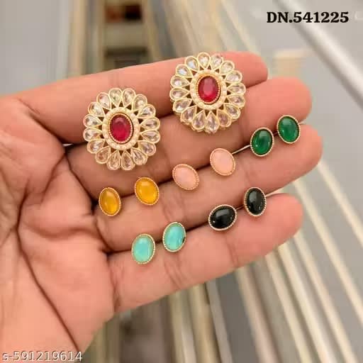 Gold Plated Ad Stud Earrings Combo With Multi-Color Stones – Changeable Earrings For Women