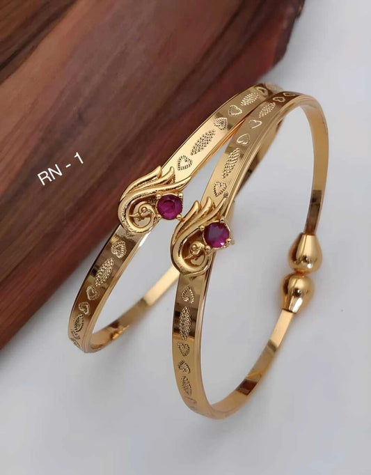 Designer Gold Plated Fancy Adjustable Bangle Combo for Women | Floral, Swan & Ruby Stone Design (Set of 3 Pairs)