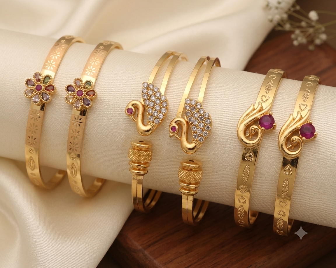 Designer Gold Plated Fancy Adjustable Bangle Combo for Women | Floral, Swan & Ruby Stone Design (Set of 3 Pairs)