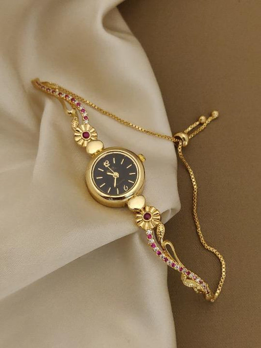Gold Plated White Dial Floral Bracelet Watch for Women