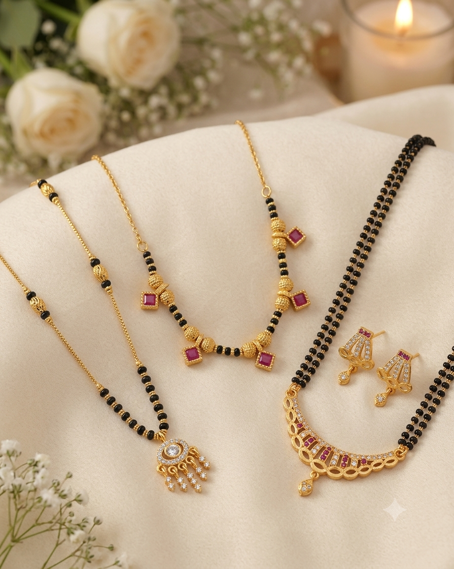 Designer Gold Plated Mangalsutra Combo Set for Women | Black Bead Mangalsutra with Pendant, Choker & Matching Earrings (Set of 3)