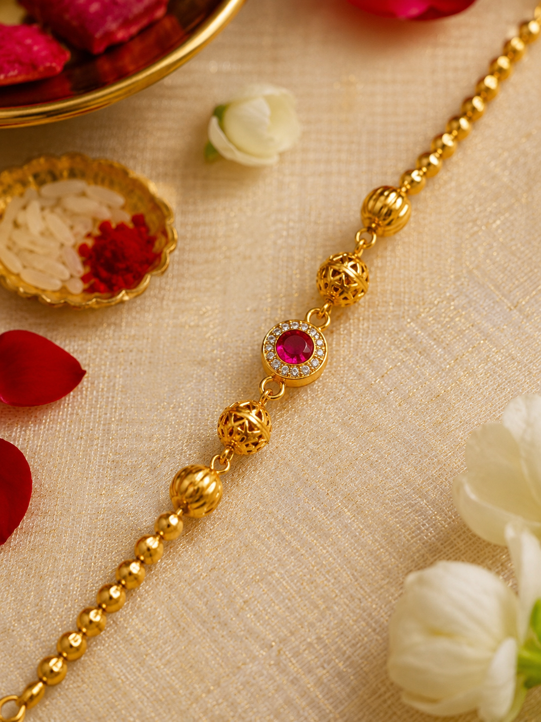 Designer Gold-Plated Ruby Stone Rakhi with American Diamond Halo | Premium Festive Raksha Bandhan Rakhi for Brother