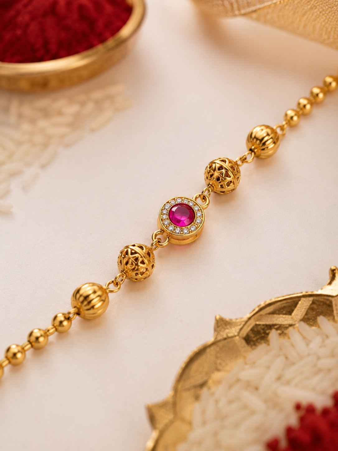 Designer Gold-Plated Ruby Stone Rakhi with American Diamond Halo | Premium Festive Raksha Bandhan Rakhi for Brother