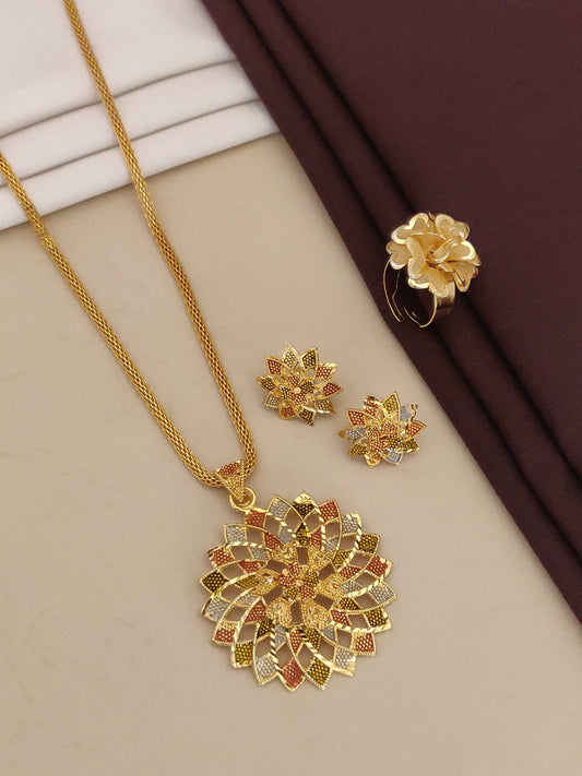 Designer Gold Plated rangoli flower pendent set with beautyfull ring