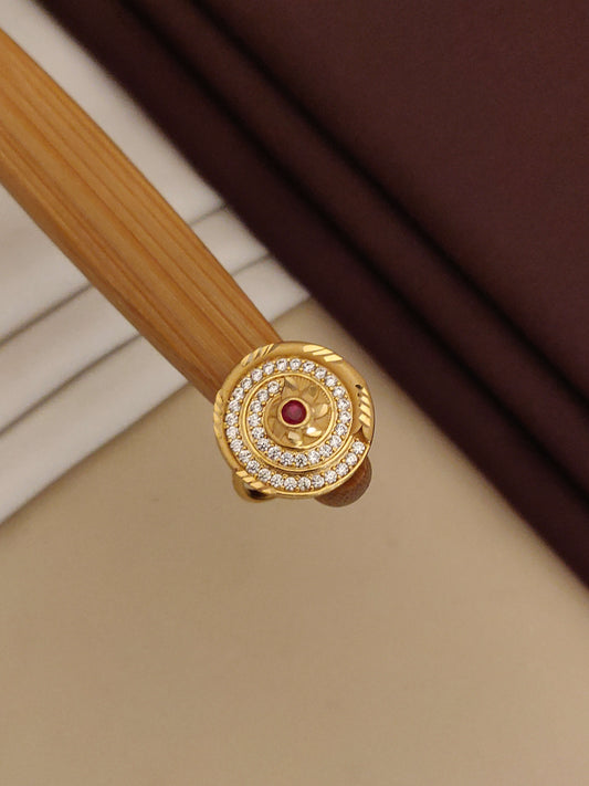 High Gold Plated Circular AD Diamond Adjustable Ring with Ruby Center