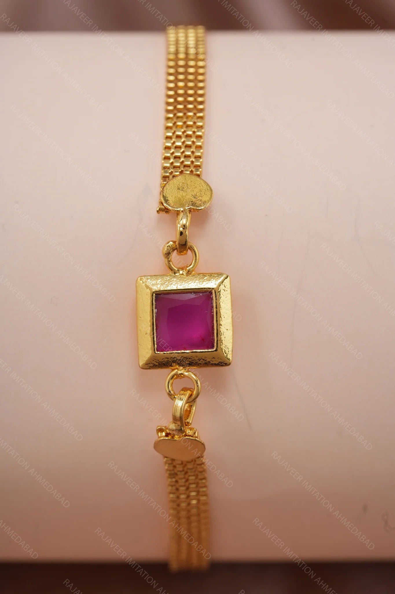 Designer High Gold Plated Ruby Stone Mesh Chain Bracelet