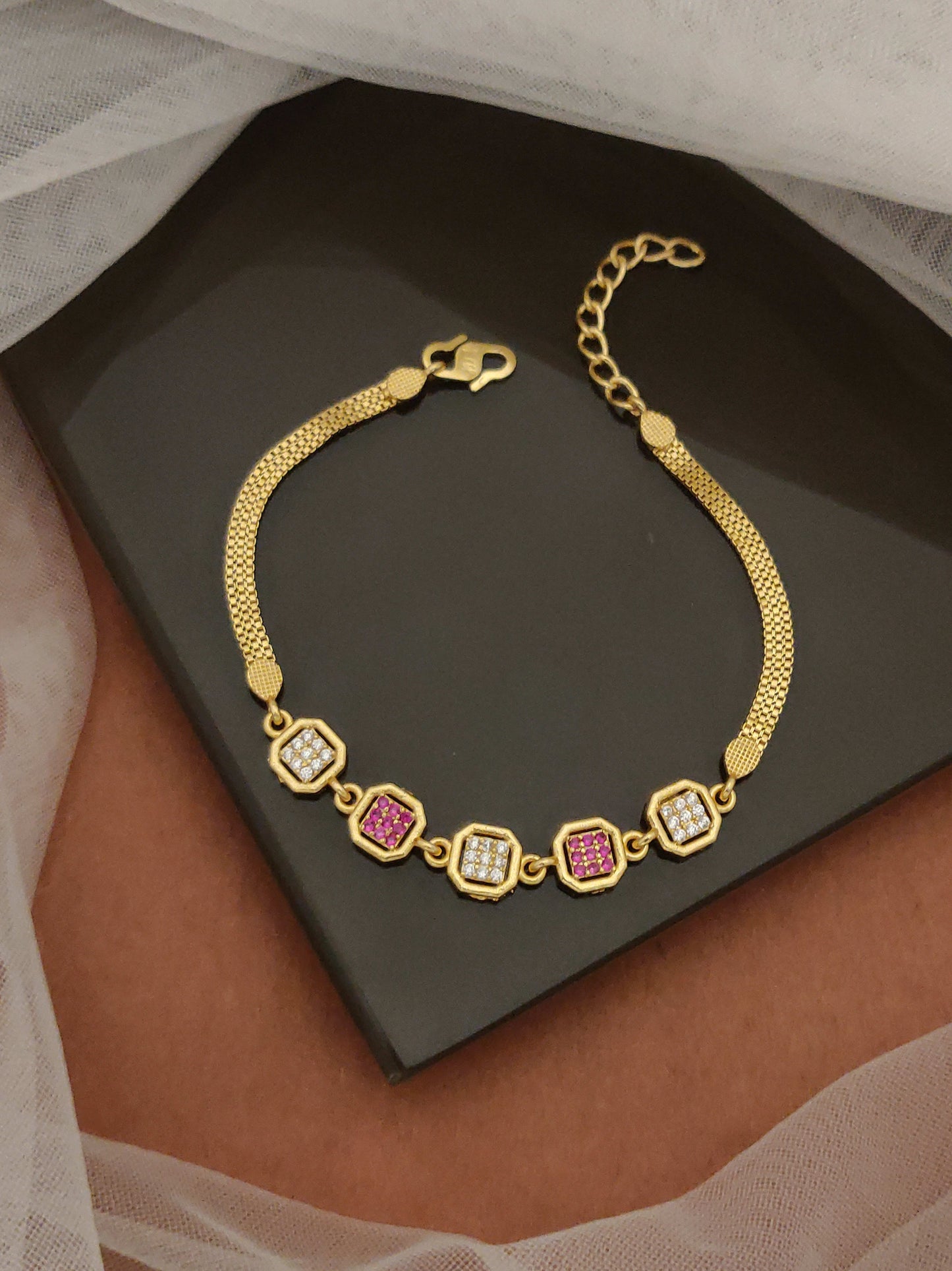 Stylish Micro Gold Plated Ad Diamond Bracelet With Ruby Stones