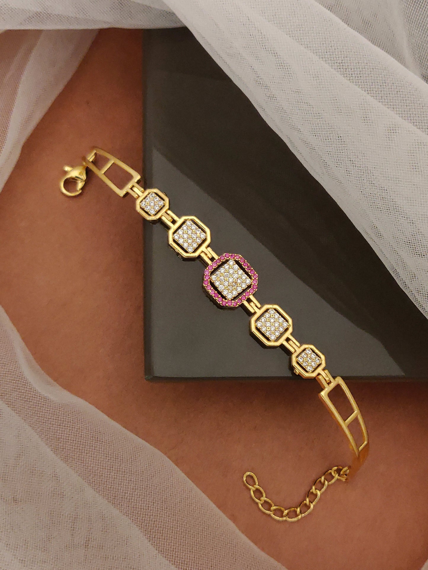 Stylish Micro Gold Plated Ad Diamond Bracelet With Ruby Stones