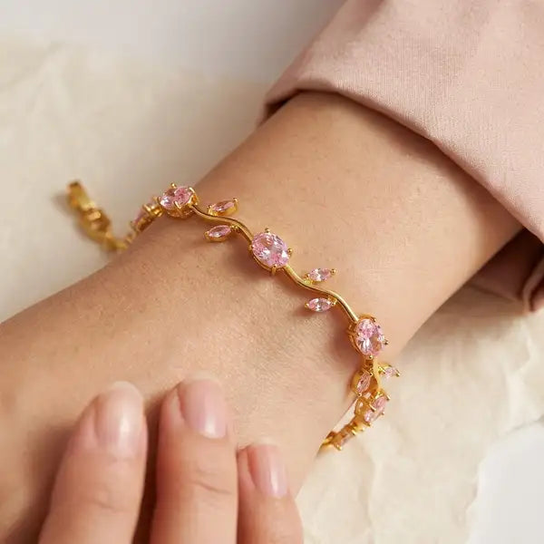 Tulip Micro Gold Plated Pink Crystal Wave Bracelet for Women | Premium Fancy Party Wear Bracelet