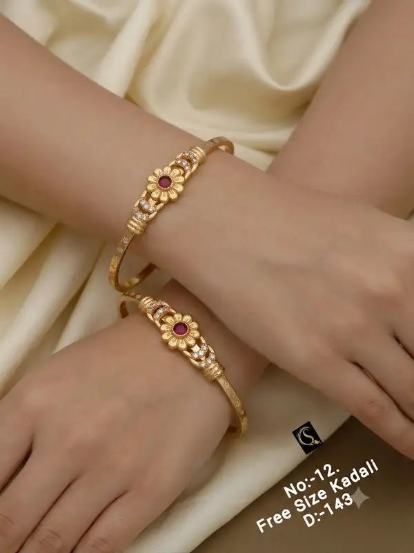 Designer Micro Gold Plated Ruby Stone & AD Diamond Studded Floral Bangles for Women (Pack of 2)