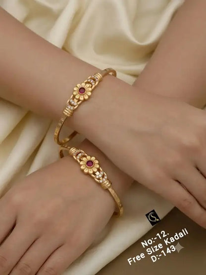 Designer Micro Gold Plated Ruby Stone & AD Diamond Studded Floral Bangles for Women (Pack of 2)