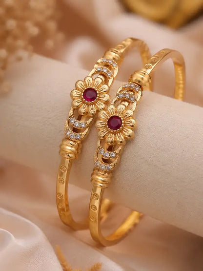 Designer Micro Gold Plated Ruby Stone & AD Diamond Studded Floral Bangles for Women (Pack of 2)