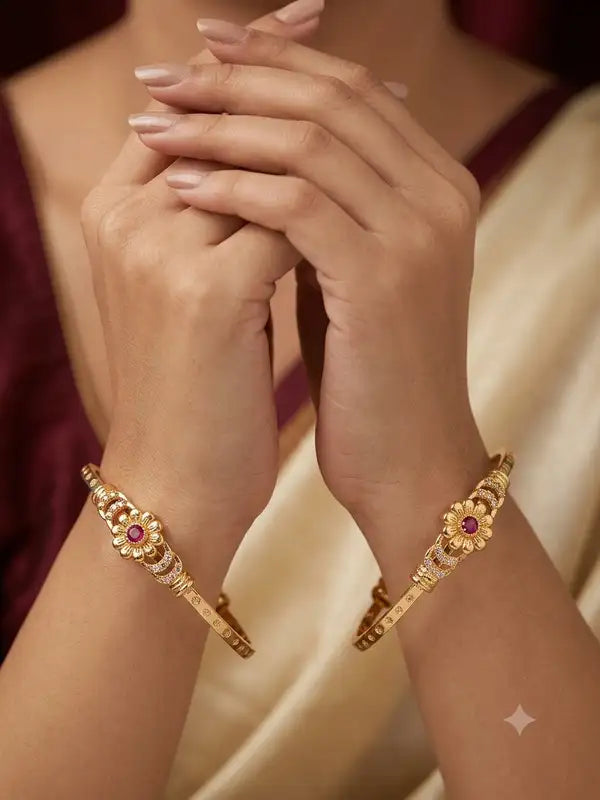 Designer Micro Gold Plated Ruby Stone & AD Diamond Studded Floral Bangles for Women (Pack of 2)