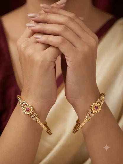 Designer Micro Gold Plated Ruby Stone & AD Diamond Studded Floral Bangles for Women (Pack of 2)