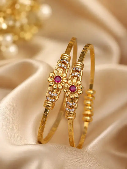 Designer Micro Gold Plated Ruby Stone & AD Diamond Studded Floral Bangles for Women (Pack of 2)
