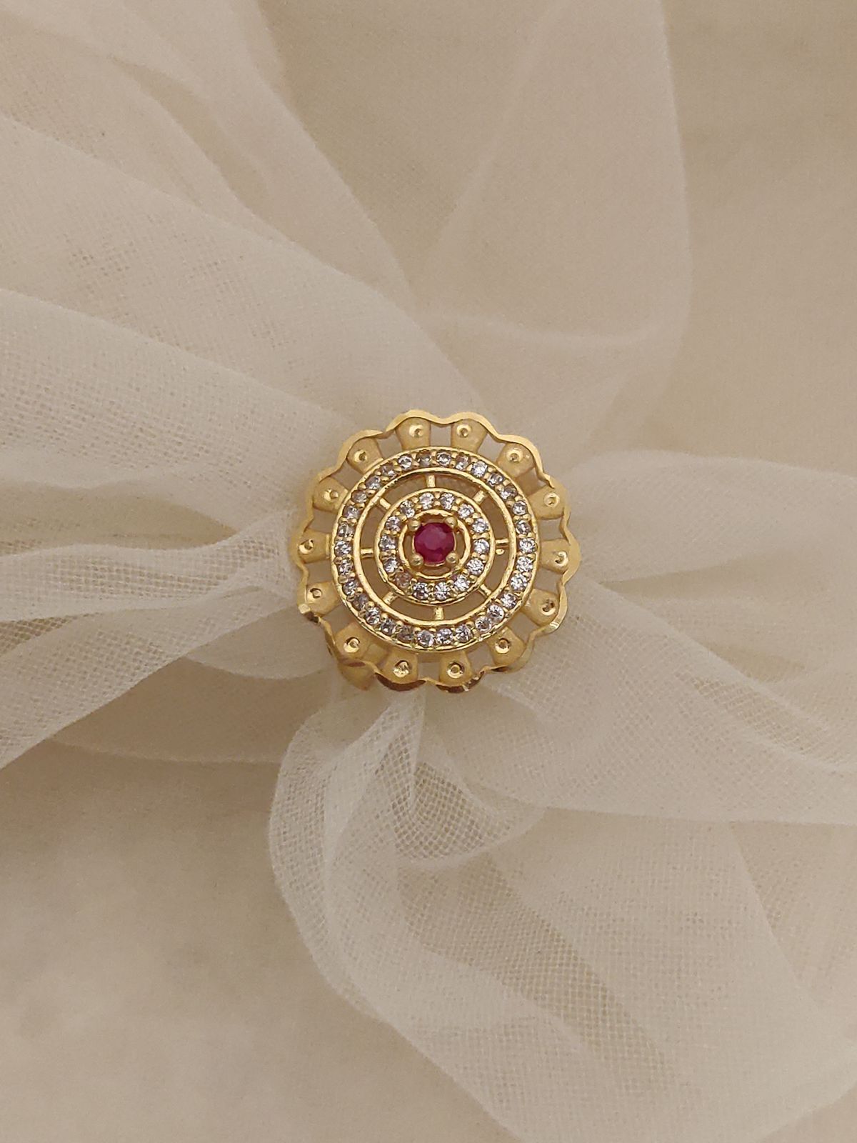 Designer Micro Gold Plated Ruby & AD Diamond Studded Traditional Necklace Set with Matching Earrings, Triangle Pendant Chain & Adjustable Ring Combo for Women