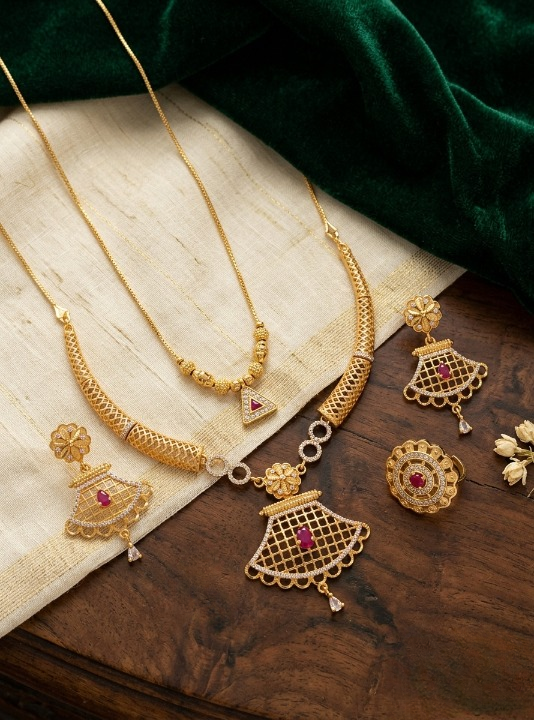 Designer Micro Gold Plated Ruby & AD Diamond Studded Traditional Necklace Set with Matching Earrings, Triangle Pendant Chain & Adjustable Ring Combo for Women