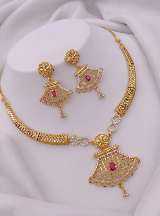 Designer Micro Gold Plated Ruby & AD Diamond Studded Traditional Necklace Set with Matching Earrings, Triangle Pendant Chain & Adjustable Ring Combo for Women