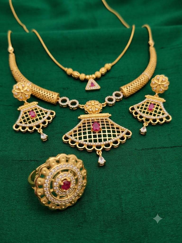 Designer Micro Gold Plated Ruby & AD Diamond Studded Traditional Necklace Set with Matching Earrings, Triangle Pendant Chain & Adjustable Ring Combo for Women