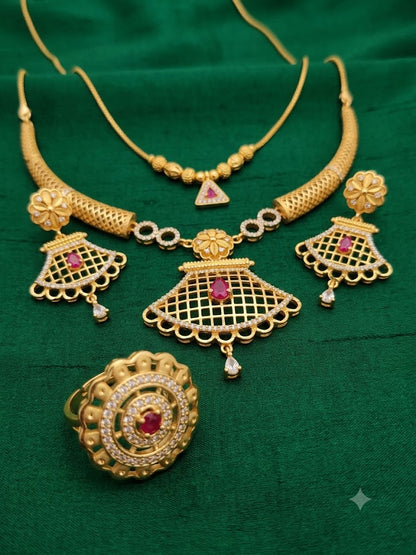 Designer Micro Gold Plated Ruby & AD Diamond Studded Traditional Necklace Set with Matching Earrings, Triangle Pendant Chain & Adjustable Ring Combo for Women