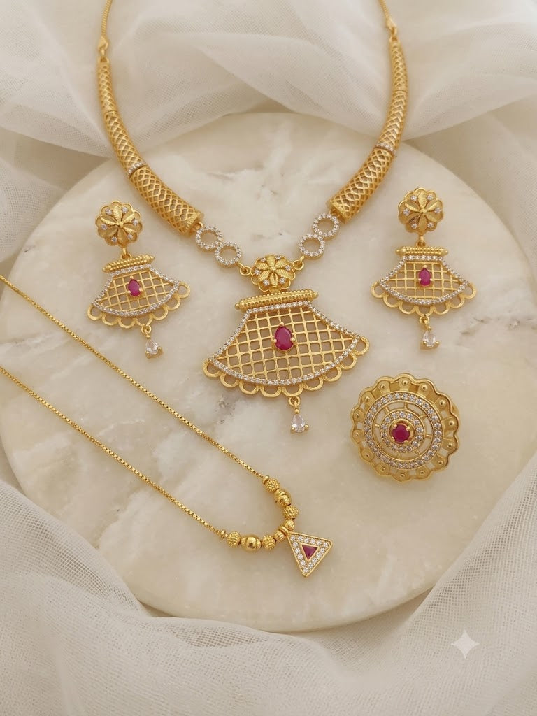 Designer Micro Gold Plated Ruby & AD Diamond Studded Traditional Necklace Set with Matching Earrings, Triangle Pendant Chain & Adjustable Ring Combo for Women