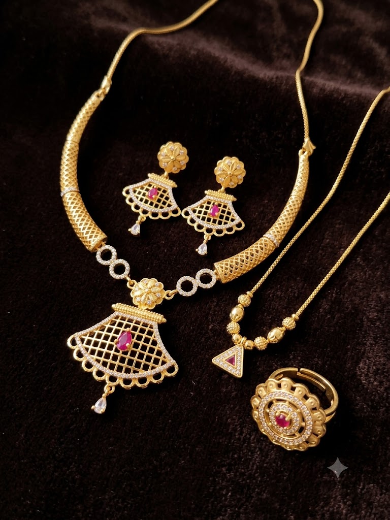 Designer Micro Gold Plated Ruby & AD Diamond Studded Traditional Necklace Set with Matching Earrings, Triangle Pendant Chain & Adjustable Ring Combo for Women